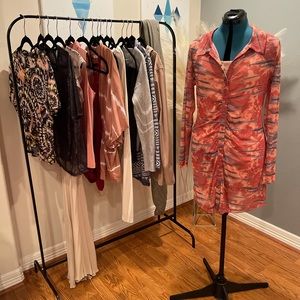 Abstract print mesh button down ruche dress new with tags